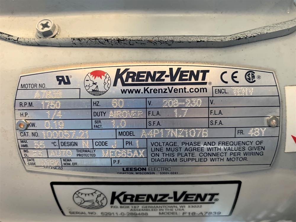 Krenz-Vent Transformer Cooling Fan F16-A7839 W/ Motor A4P17NZ107B